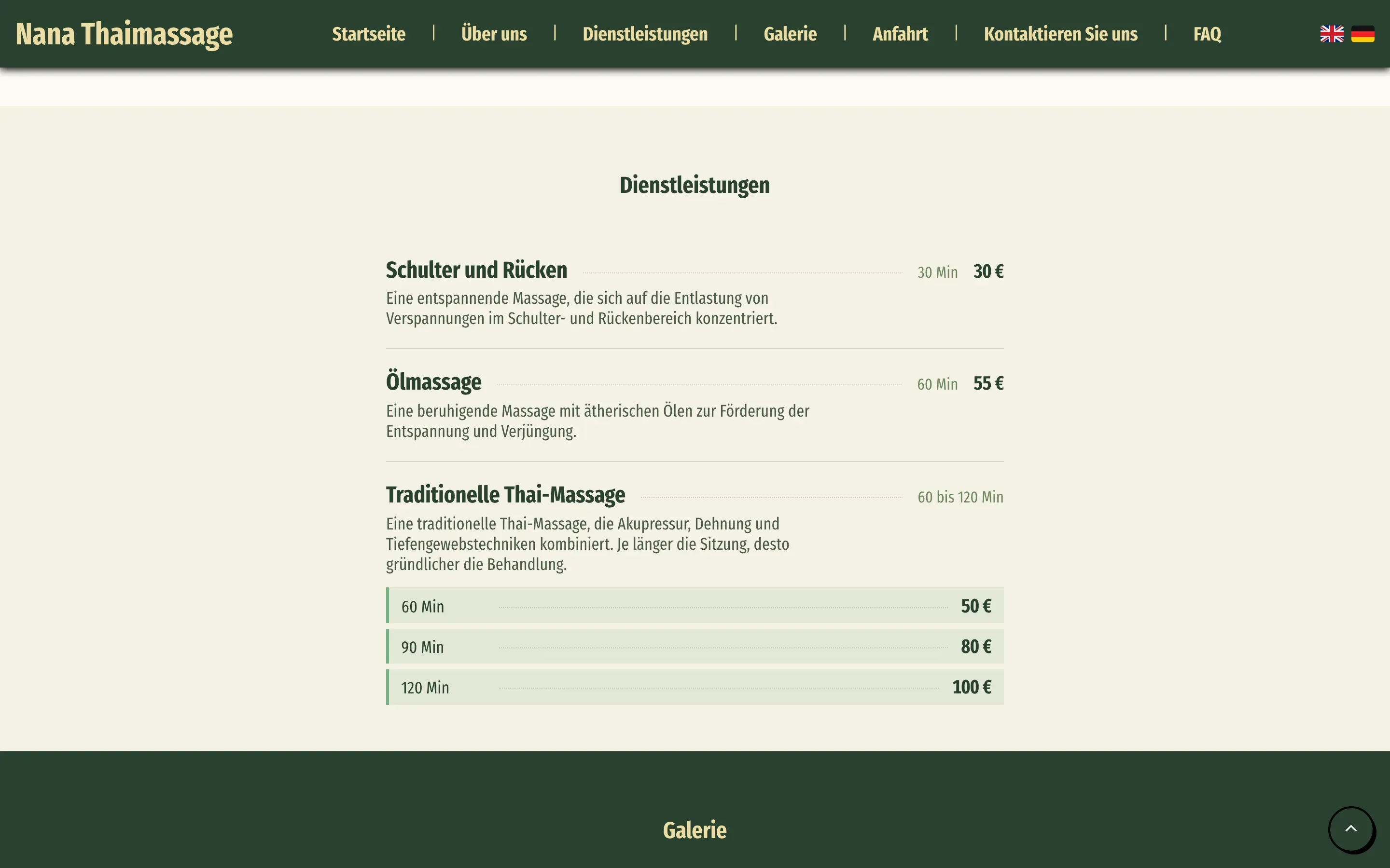 Nana Thaimassage: Behandlungen mit Dauer und Preis im Browser