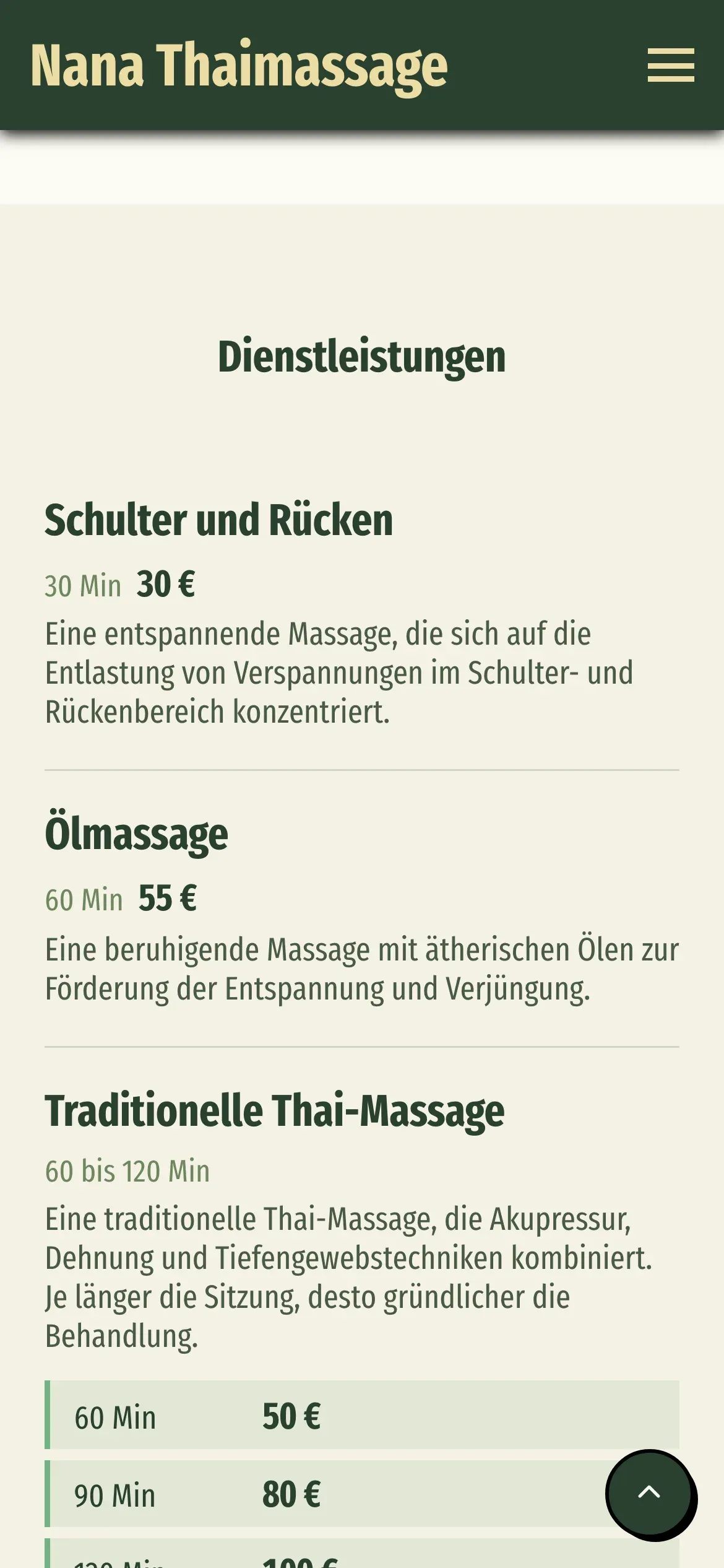 Nana Thaimassage: Behandlungen mit Dauer und Preis auf dem Smartphone