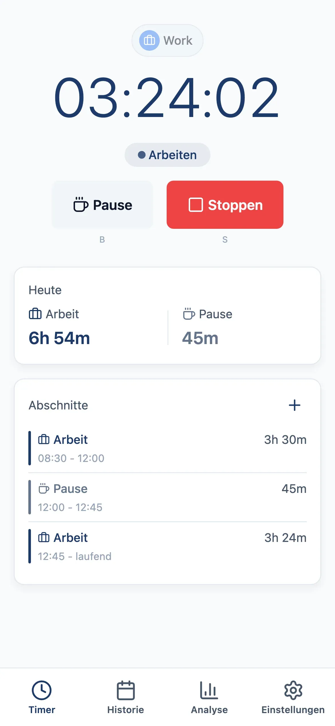 Time at Work: Der Timer läuft, die Abschnitte des Tages darunter auf dem Smartphone
