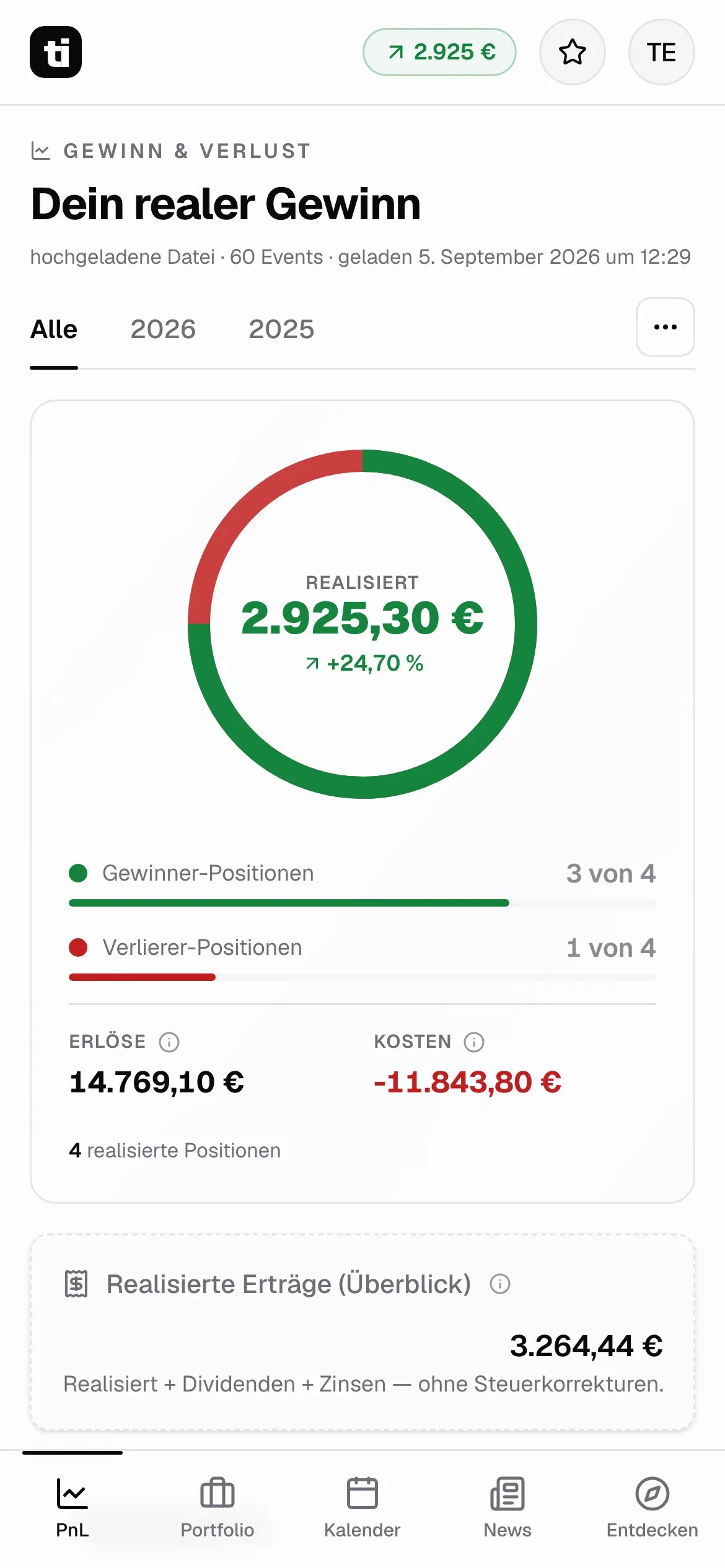 Trade Insight: Gewinn und Verlust über alle Trades auf dem Smartphone